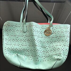 Green Leather Tote with Perforated Design